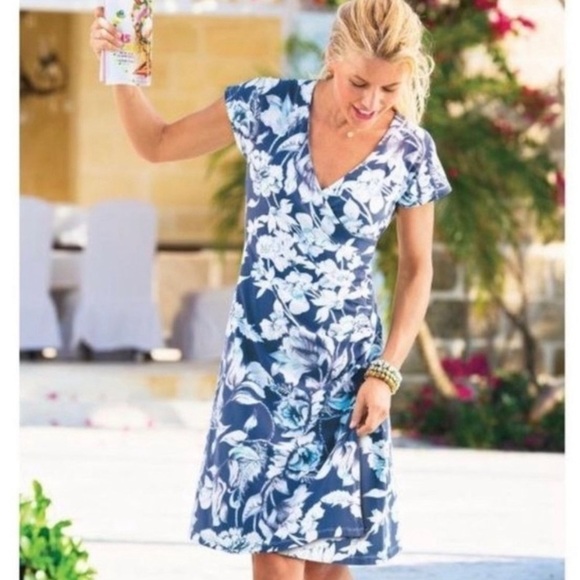 Soft Surroundings Dress Floral Faux Wrap Comfy Travel Vacation Beach Office Boho - Picture 1 of 13